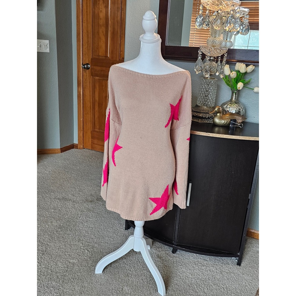 Made in Italy Star Sweater Women OS Beige Pink Oversized Knit Boat Neck